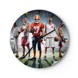 Wanduhr - Glasuhr - Eine Gruppe von Sportlern vor der Kulisse eines von Flutlicht beleuchteten Stadions - 30x30cm - Feldgladiatoren - Moderne Wanddekoration für Wohnzimmer, Küche und Schlafzimmer ARTTOR