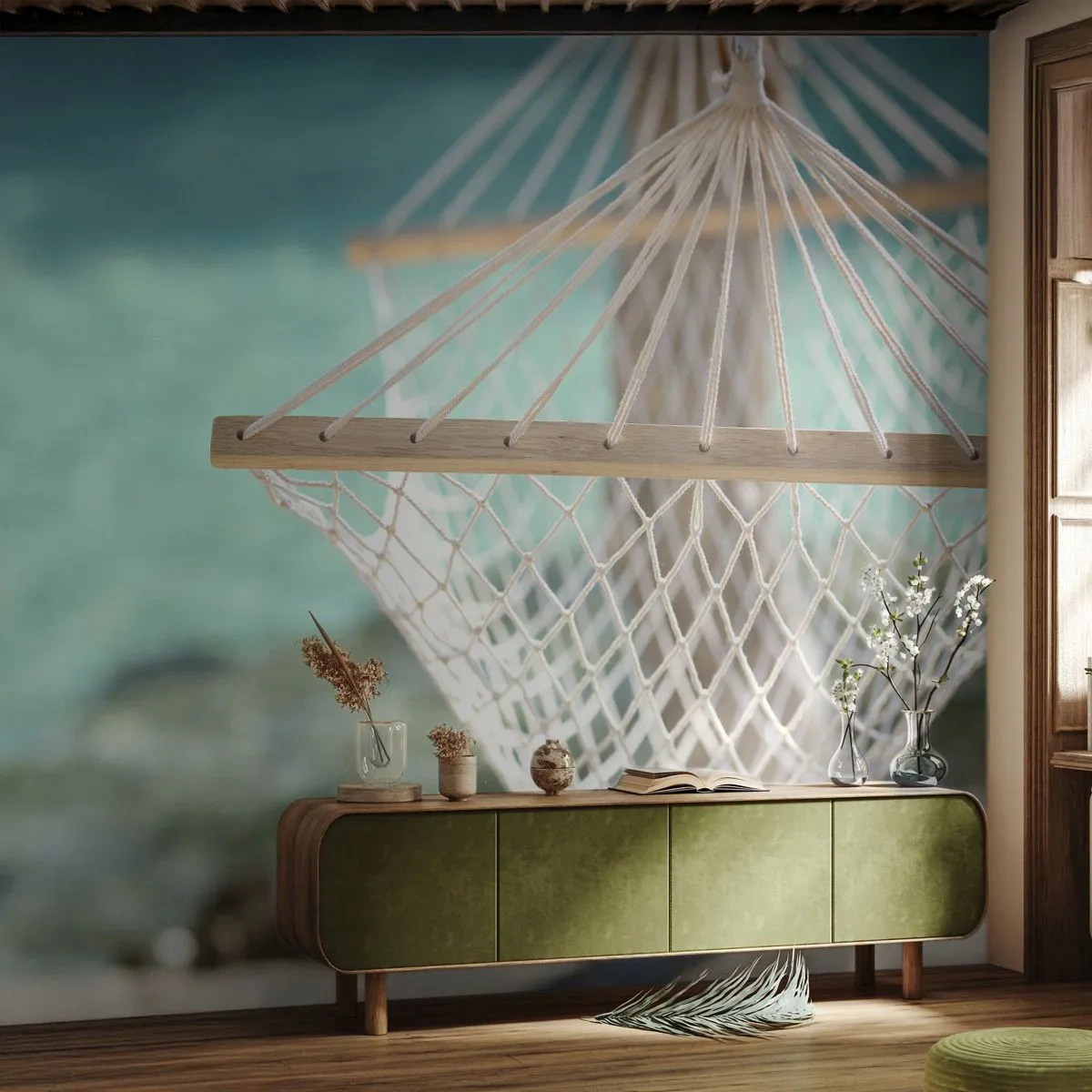 Fototapete Premium Canvas - Zeit zum Entspannen - Hängematte, Strand, Reisen - 150x105 cm