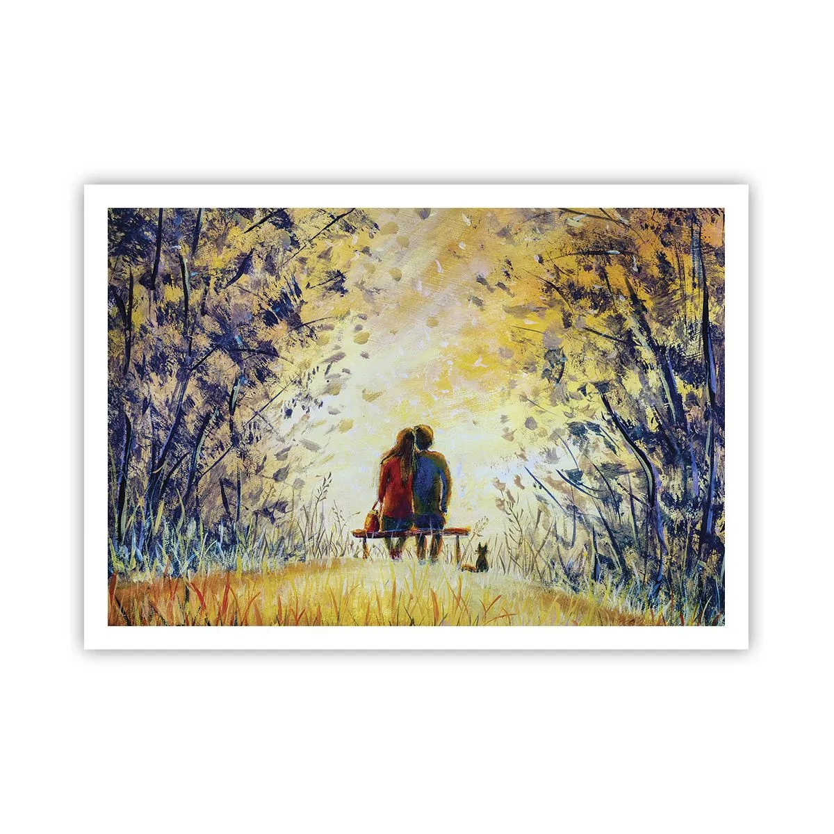Poster - Ein Paar sitzt auf einer Bank zwischen herbstlichen Bäumen im Sonnenlicht - 100x70cm - Magischer Augenblick - Moderne Wanddekoration für Wohnzimmer und Schlafzimmer ARTTOR