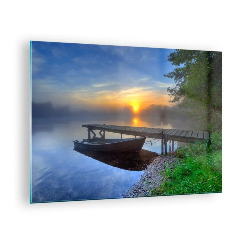 Glasbild - Bild auf glas - Ein Boot am Pier bei Sonnenaufgang auf dem See - 70x50cm - Wie aus Gewöhnlichem Magie wird - Moderne Wanddekoration für Wohnzimmer und Schlafzimmer ARTTOR