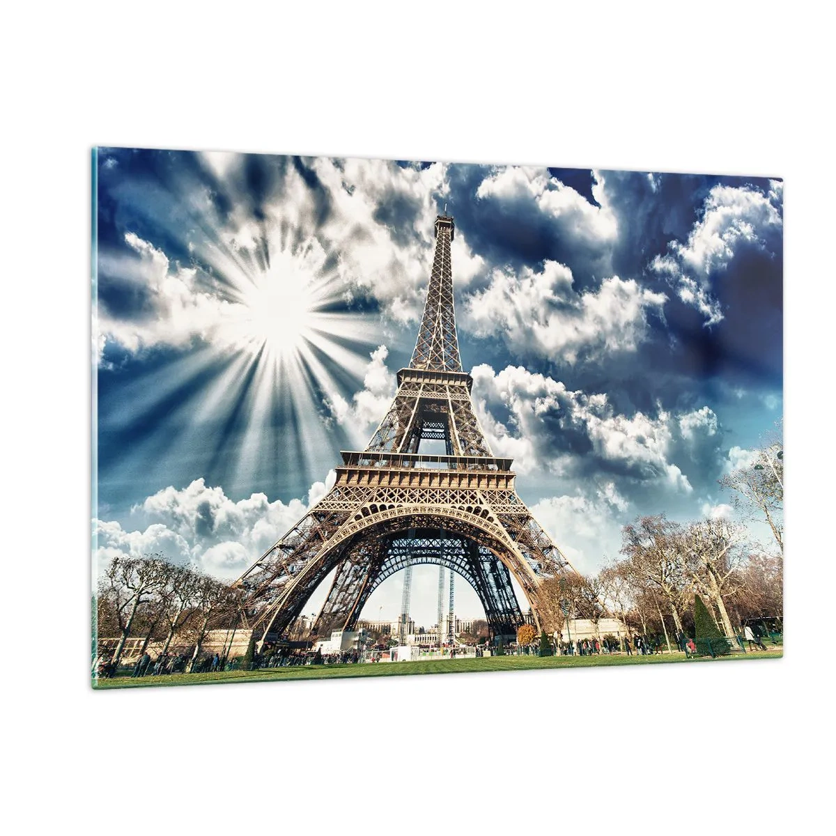 Glasbild - Bild auf glas - Der Eiffelturm vor einem strahlenden Himmel - 120x80cm - Die Einzige unter der Sonne - Moderne Wanddekoration für Wohnzimmer und Schlafzimmer ARTTOR