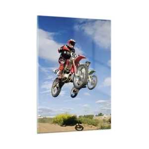 Glasbild - Bild auf glas - Ein Motorradrennfahrer im Flug vor blauem Himmel - 50x70cm - Himmelssprung - Moderne Wanddekoration für Wohnzimmer und Schlafzimmer ARTTOR