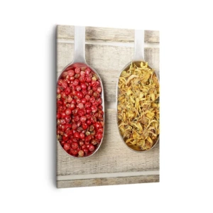 Bild auf Leinwand - Leinwandbild - Drei Metalllöffel mit Gewürzen auf einem hölzernen Hintergrund - 50x70cm - Küchenzauber - Moderne Wanddekoration für Wohnzimmer und Schlafzimmer ARTTOR
