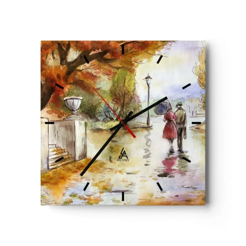 Wanduhr - Glasuhr - Ein Spaziergang im Herbstpark mit einem Regenschirm - 30x30cm - Romantischer Herbst im Park - Moderne Wanddekoration für Wohnzimmer und Schlafzimmer ARTTOR