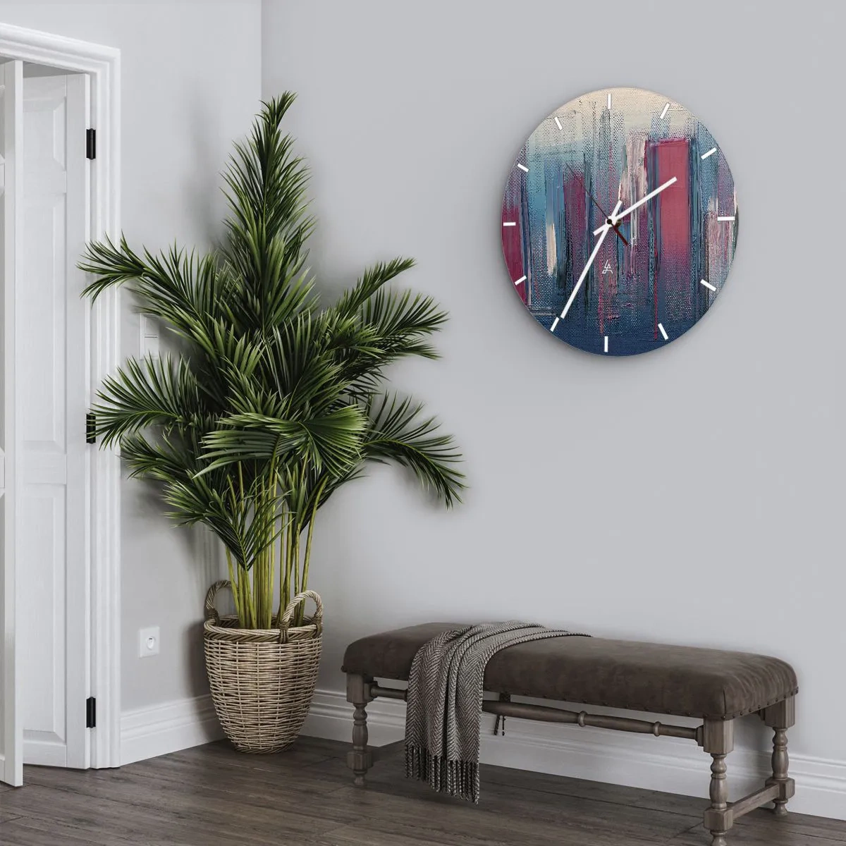 Wanduhr - Glasuhr - Vertikale Streifen in Blau und Rot im künstlerischen Stil - 30x30cm - Vertikale Komposition in Blau und Rot - Moderne Wanddekoration für Wohnzimmer, Küche und Schlafzimmer ARTTOR