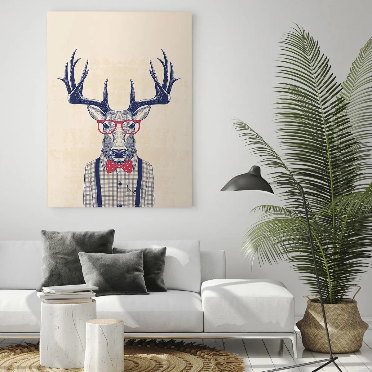 Glasbild - Bild auf glas - Stilisierte Grafik eines Hirsches mit Brille und Fliege - 70x100cm - Eine lustige Extravaganz - Moderne Wanddekoration für Wohnzimmer und Schlafzimmer ARTTOR