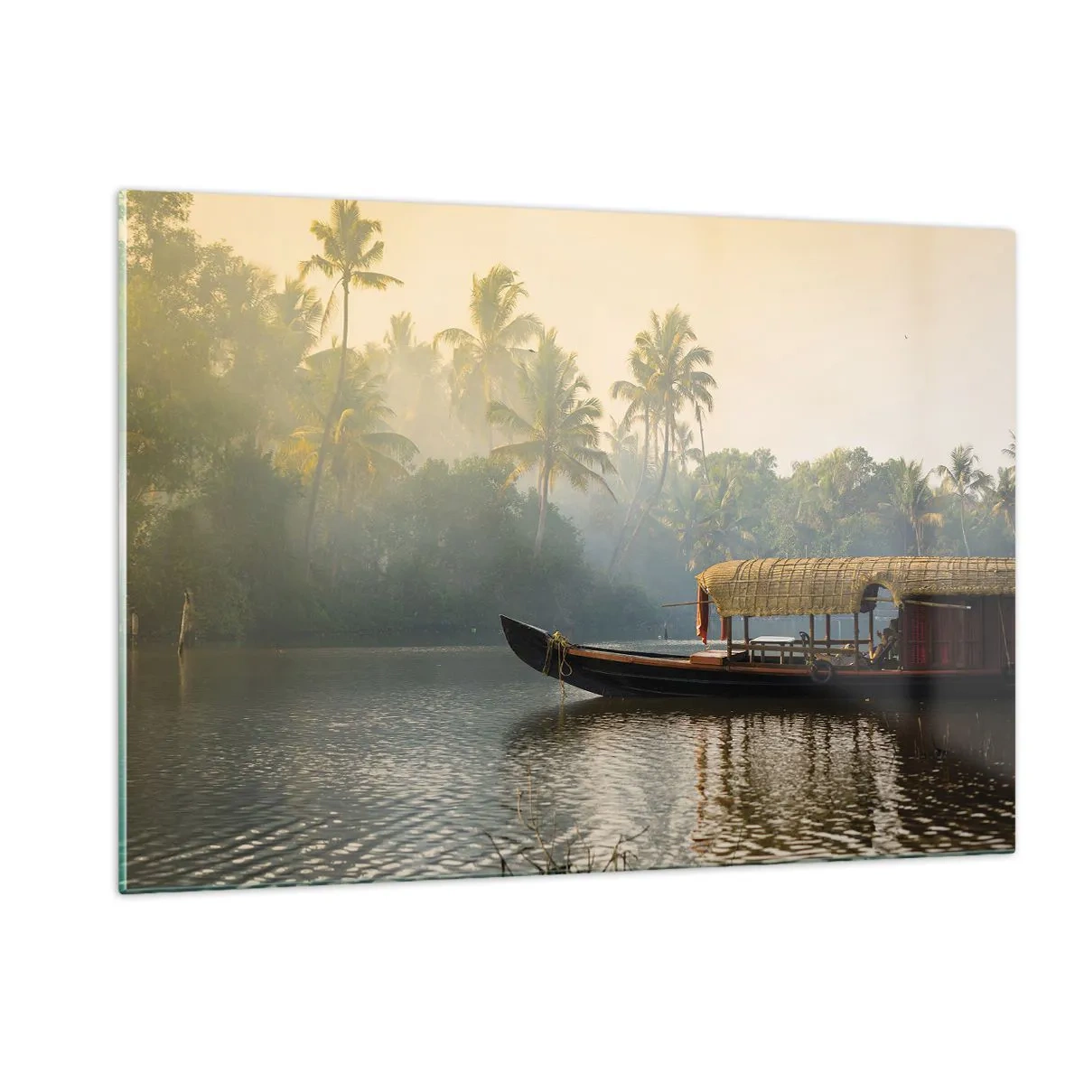 Glasbild - Bild auf glas - Ein Boot auf einem ruhigen Fluss, umgeben von Palmen am Morgen - 120x80cm - Haus am Fluss - Moderne Wanddekoration für Wohnzimmer und Schlafzimmer ARTTOR