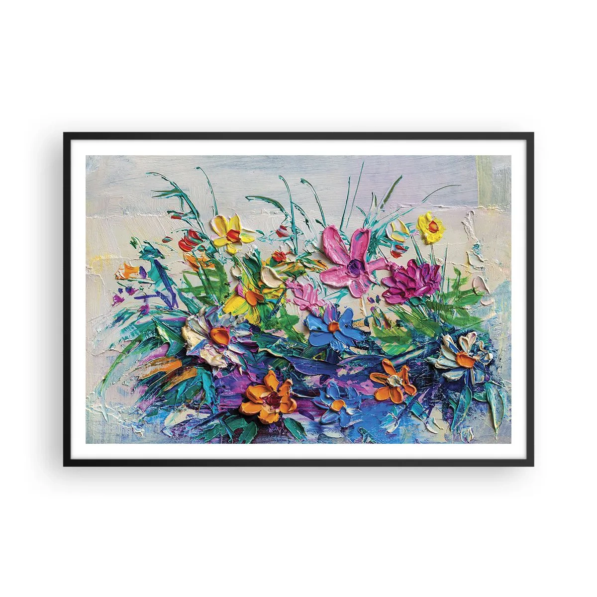 Poster in einem schwarzem Rahmen - Ein bunter Blumenstrauß, gemalt in der Impasto-Technik - 100x70cm - Überhaupt kein Stillleben - Moderne Wanddekoration für Wohnzimmer und Schlafzimmer ARTTOR