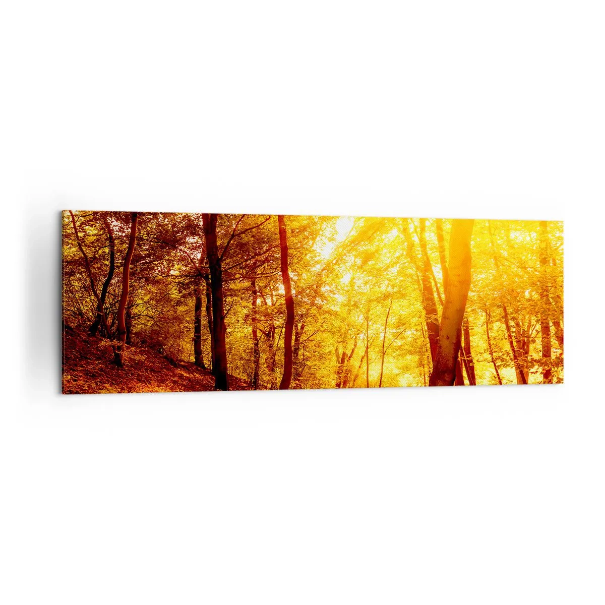 Bild auf Leinwand - Leinwandbild - Herbstlichtung im goldenen Sonnenlicht mit einem Waldweg - 160x50cm - Auf die goldene Lichtung - Moderne Wanddekoration für Wohnzimmer und Schlafzimmer ARTTOR