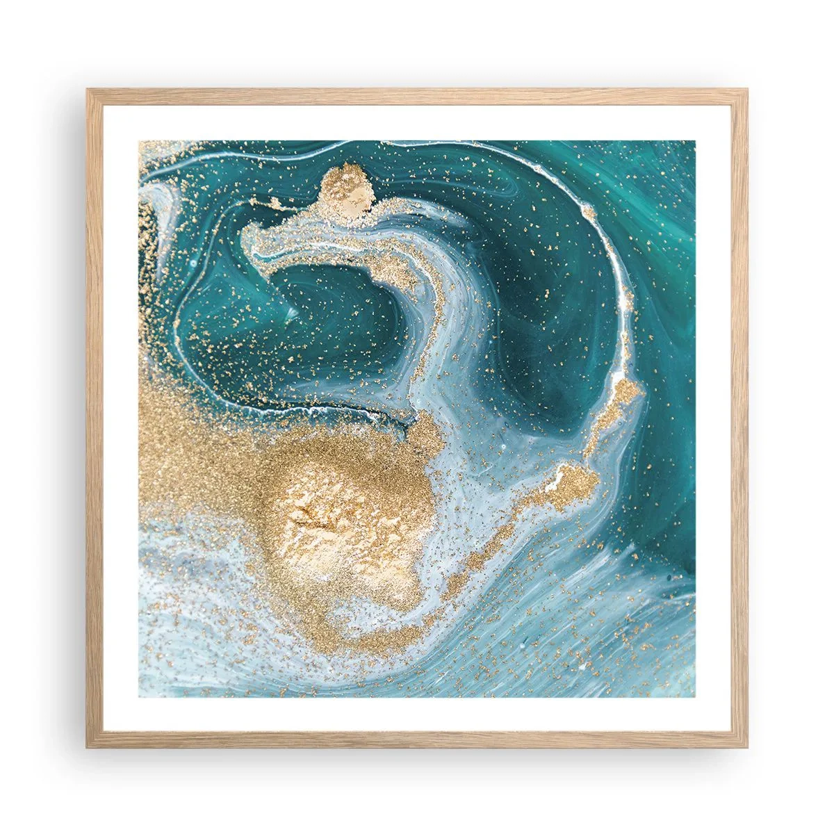 Poster in einem Rahmen aus heller Eiche - Ein Strudel aus Gold und Türkis - 60x60 cm
