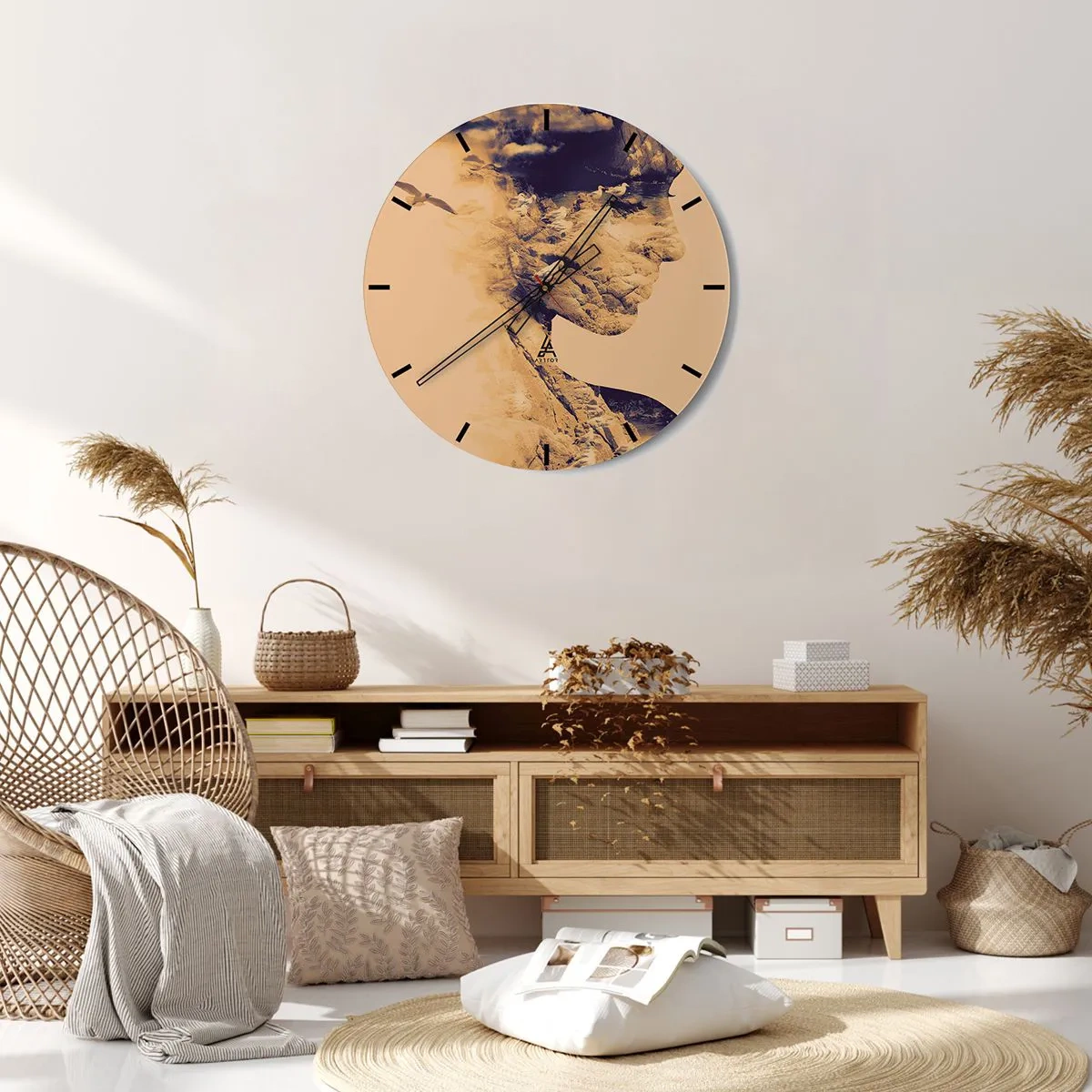 Wanduhr - Glasuhr - Künstlerisches Gesichtsprofil mit Landschaft und Möwen - 30x30cm - Von Natur aus schön - Moderne Wanddekoration für Wohnzimmer, Küche und Schlafzimmer ARTTOR