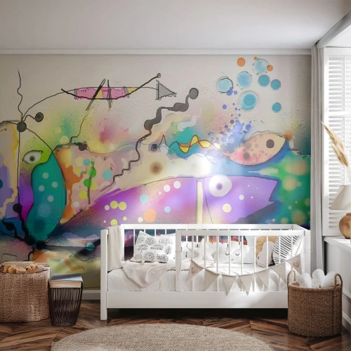 Fototapete Standard Eco - Bunte Abstraktion mit surrealen Fischen und Linien - 100x70cm - Es fehlen die Worte! - Moderne Wanddekoration für Wohnzimmer und Schlafzimmer ARTTOR