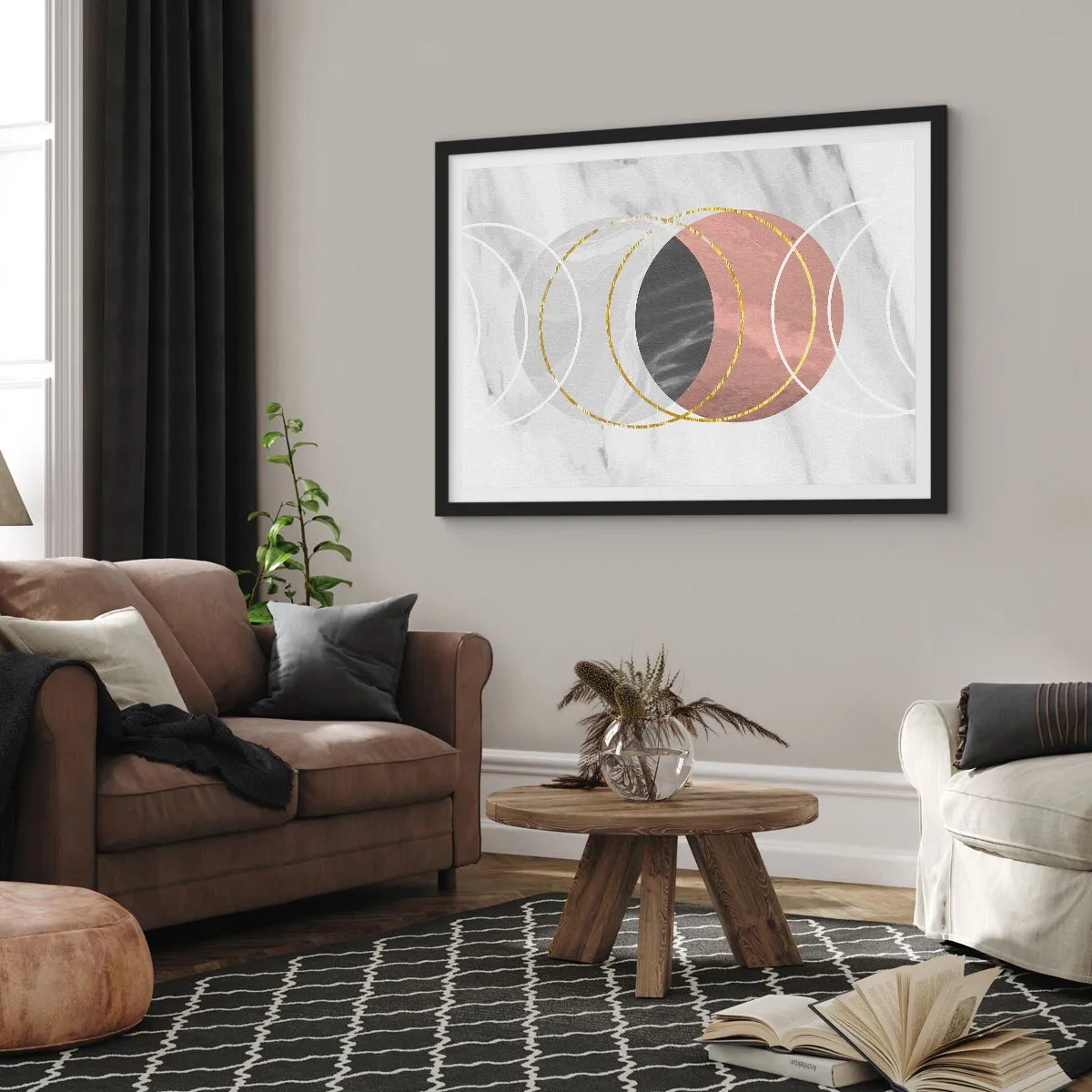 Poster in einem schwarzem Rahmen - Abstrakte geometrische Komposition mit Kreisen und metallischen Details - 70x50cm - Musik der Sphären - Moderne Wanddekoration für Wohnzimmer und Schlafzimmer ARTTOR