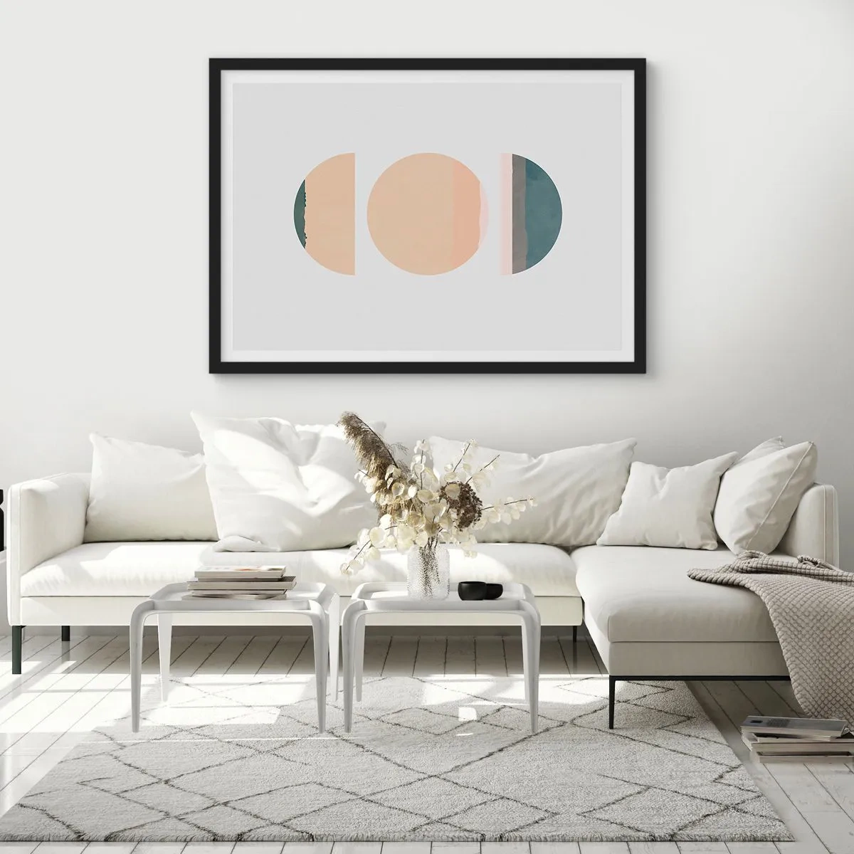 Poster in einem schwarzem Rahmen - Abstrakte geometrische Formen in Pastellfarben - 70x50cm - Ein Rad hinter dem anderen… - Moderne Wanddekoration für Wohnzimmer und Schlafzimmer ARTTOR
