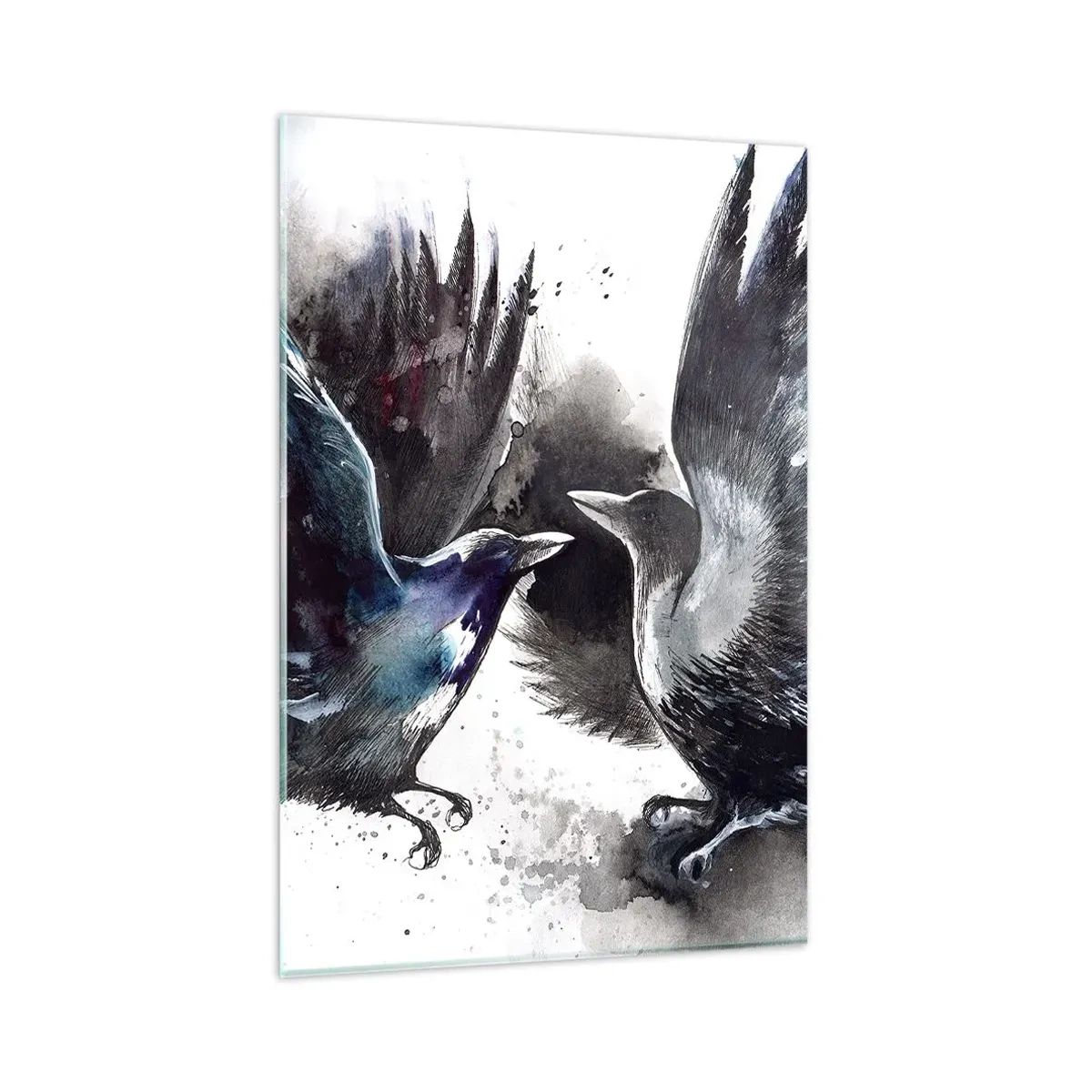 Glasbild - Bild auf glas - Künstlerische Raben in einer dynamischen Aquarellkomposition - 80x120cm - Rabe zum Raben ... - Moderne Wanddekoration für Wohnzimmer und Schlafzimmer ARTTOR