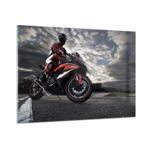 Glasbild - Bild auf glas - Ein Motorradfahrer auf einer Rennstrecke unter stürmischem Himmel - 100x70cm - Dunkler Reiter - Moderne Wanddekoration für Wohnzimmer und Schlafzimmer ARTTOR