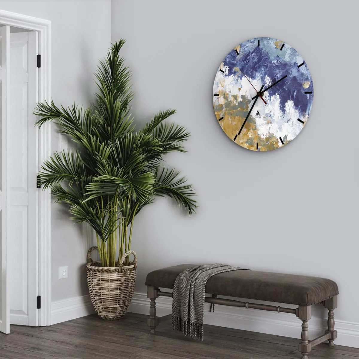 Wanduhr - Glasuhr - Ausdrucksstarke Abstraktion in Blau-, Weiß- und Ockertönen - 30x30cm - Tanz der Naturelemente - Moderne Wanddekoration für Wohnzimmer, Küche und Schlafzimmer ARTTOR