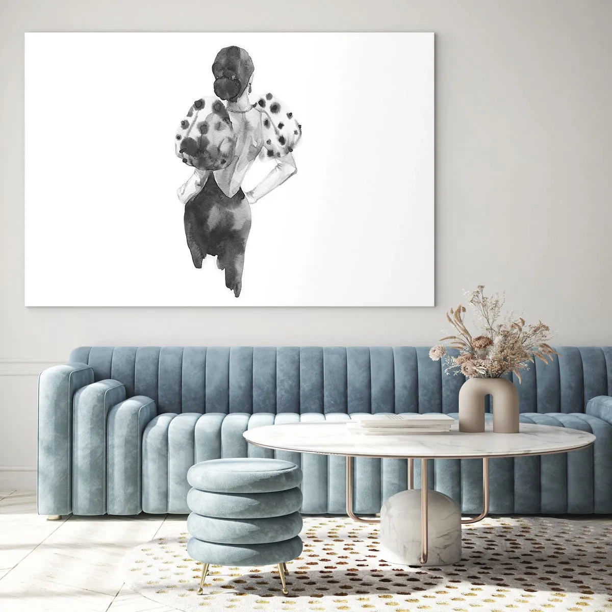 Glasbild - Bild auf glas - Schwarz-weiße Silhouette einer Frau im eleganten Outfit - 100x70cm - Sie ging direkt vorbei - Moderne Wanddekoration für Wohnzimmer und Schlafzimmer ARTTOR