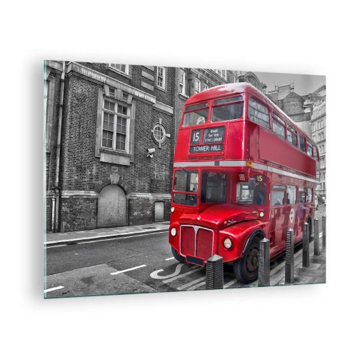 Glasbild - Bild auf glas - Ein roter Londoner Bus vor einem schwarz-weißen Straßenhintergrund - 70x50cm - Immer gleich - Moderne Wanddekoration für Wohnzimmer und Schlafzimmer ARTTOR