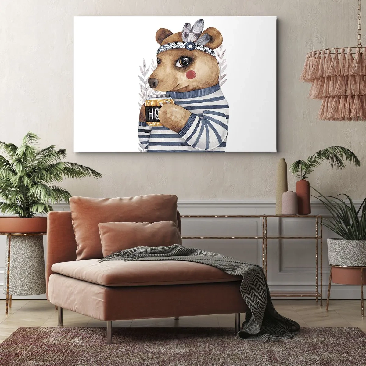 Bild auf Leinwand - Leinwandbild - Ein Teddybär im gestreiften Pullover mit einer Tasse Honig - 120x80cm - Süße Bärin - Moderne Wanddekoration für Wohnzimmer und Schlafzimmer ARTTOR