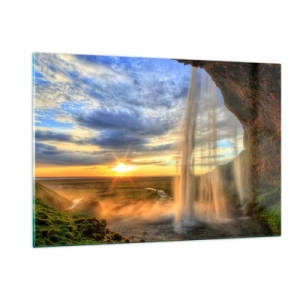 Glasbild - Bild auf glas - Wasserfall mit Blick auf den Sonnenuntergang und das Tal - 120x80cm - Die Welt hinter einem Schleier aus Tropfen - Moderne Wanddekoration für Wohnzimmer und Schlafzimmer ARTTOR