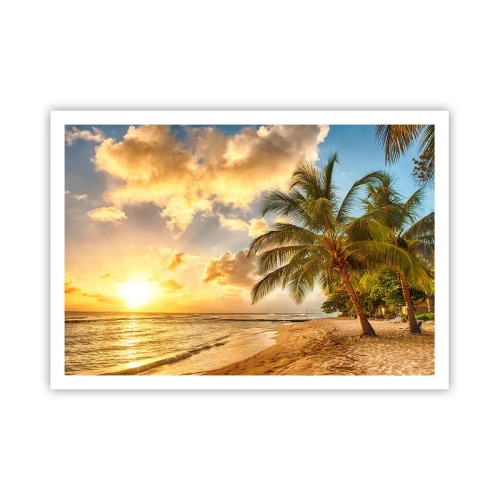 Poster - Strand mit Palmen und einem Sonnenuntergang über dem Meer - 100x70cm - Ewiger Sommer, immer Urlaub - Moderne Wanddekoration für Wohnzimmer und Schlafzimmer ARTTOR