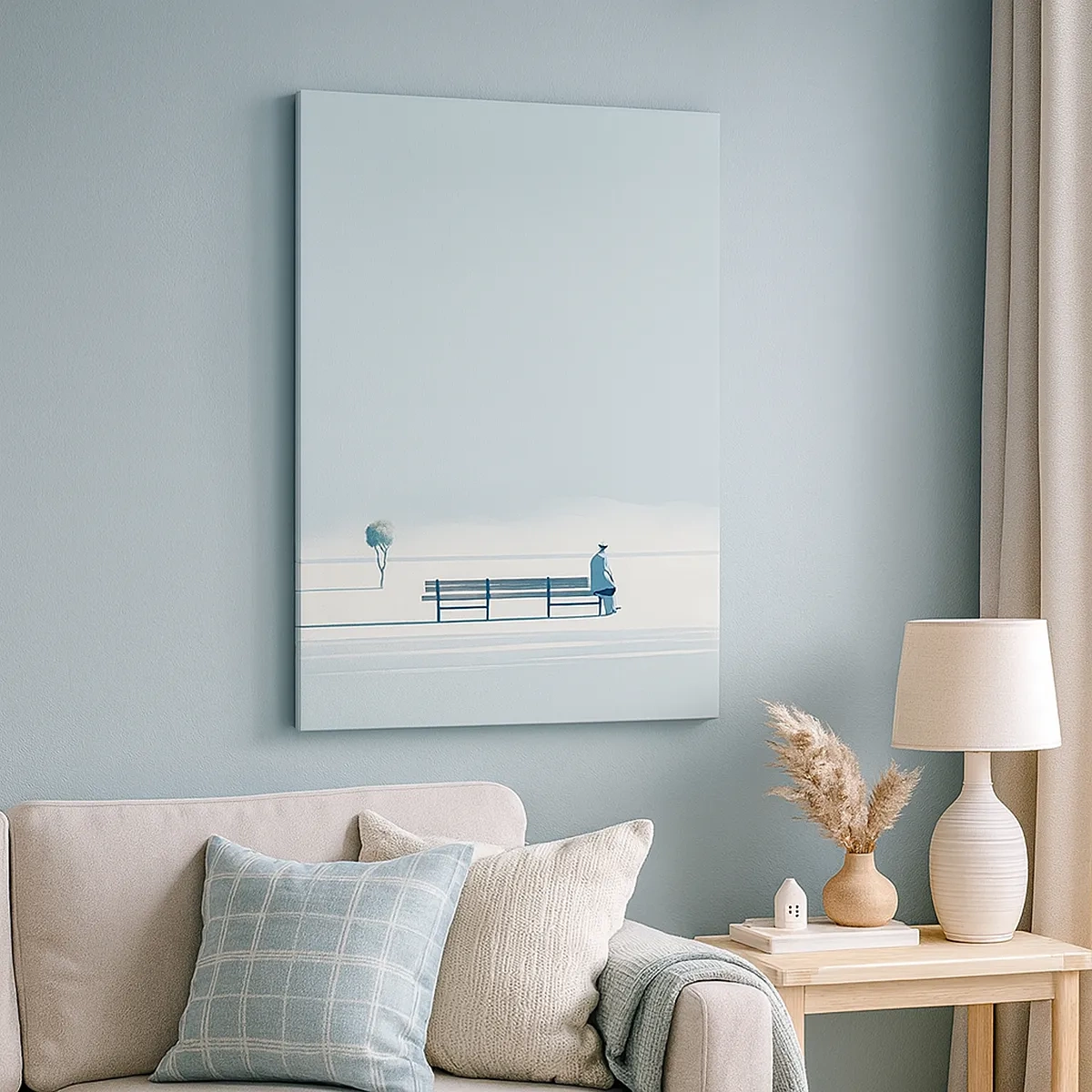 Bild auf Leinwand - Leinwandbild - Eine Person, die auf einer Bank in einer minimalistischen Landschaft sitzt - 50x70cm - Ja, ich warte. - Moderne Wanddekoration für Wohnzimmer und Schlafzimmer ARTTOR