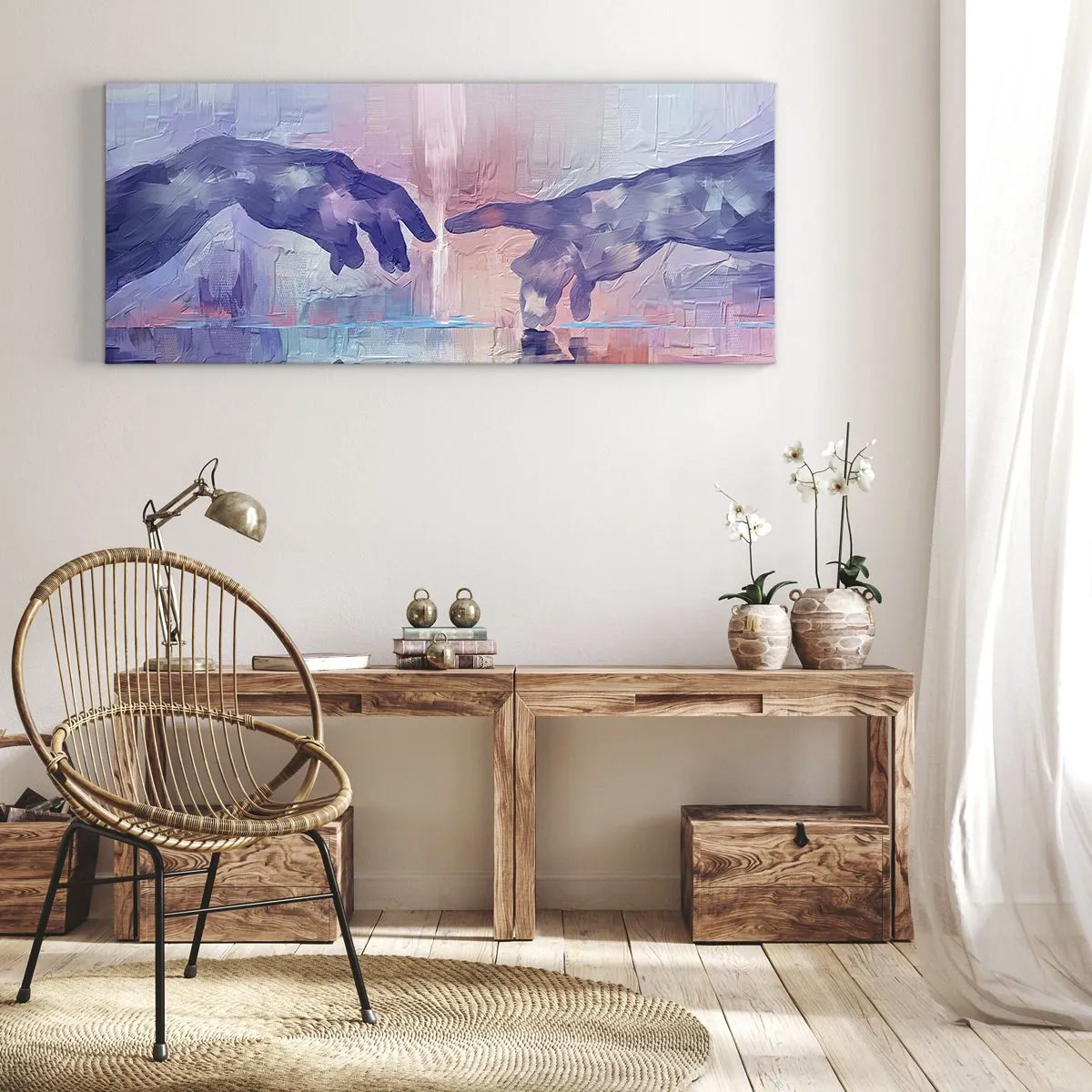Bild auf Leinwand - Leinwandbild - Symbolische Hände in abstrakten Farben, die auf das Thema der Schöpfung verweisen - 160x50cm - Göttlicher Funke des Lebens - Moderne Wanddekoration für Wohnzimmer und Schlafzimmer ARTTOR