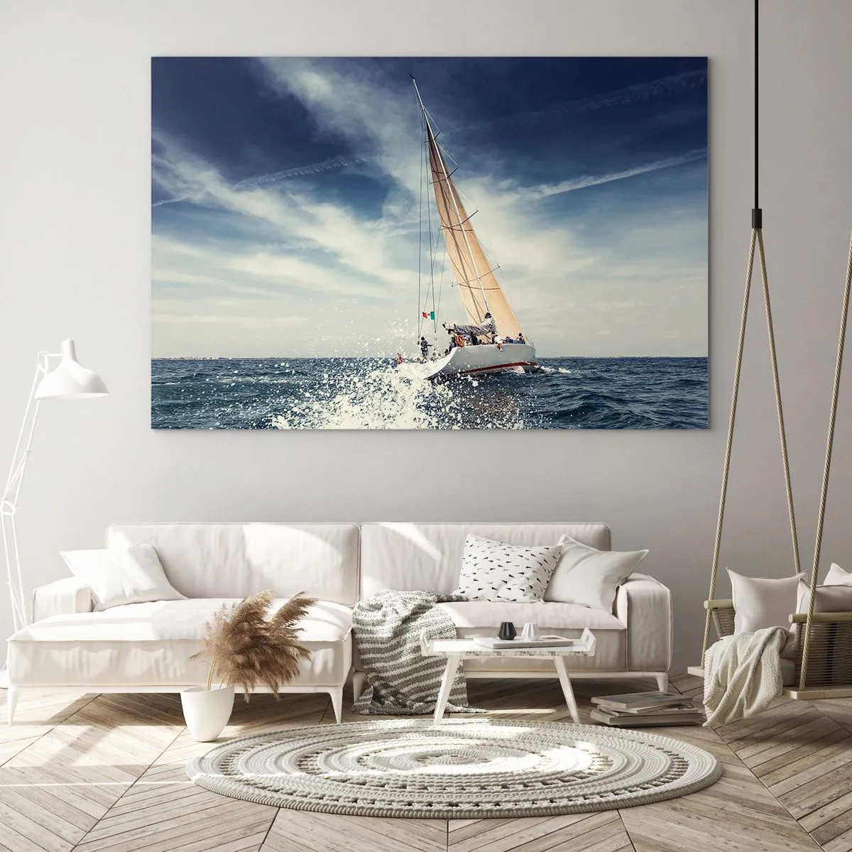 Glasbild - Bild auf glas - Eine Yacht segelt auf stürmischer See unter blauem Himmel - 100x70cm - Sie werden uns nicht einholen! - Moderne Wanddekoration für Wohnzimmer und Schlafzimmer ARTTOR