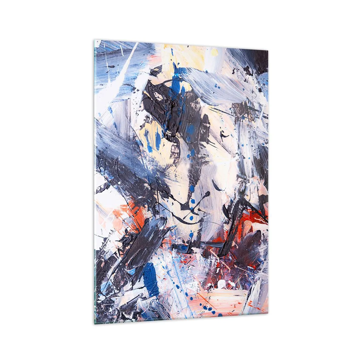 Glasbild - Bild auf glas - Abstraktion mit dynamischen Pinselstrichen in Blau und Rot. - 70x100cm - Verrückter Tanz der Abstraktion - Moderne Wanddekoration für Wohnzimmer und Schlafzimmer ARTTOR