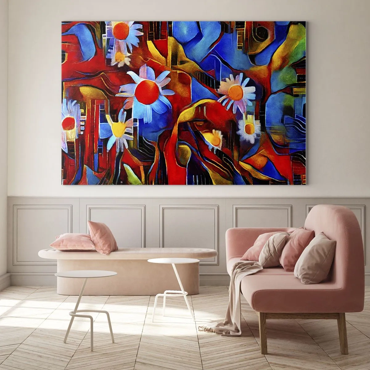 Glasbild - Bild auf glas - Bunte abstrakte Blumen vor einem Hintergrund intensiver Farben - 100x70cm - Die Farben des Lebens - Moderne Wanddekoration für Wohnzimmer und Schlafzimmer ARTTOR