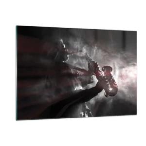 Glasbild - Bild auf glas - Saxophonist in einer Rauchwolke in Schwarz und Weiß - 120x80cm - In den Dämpfen des Jazz - Moderne Wanddekoration für Wohnzimmer und Schlafzimmer ARTTOR