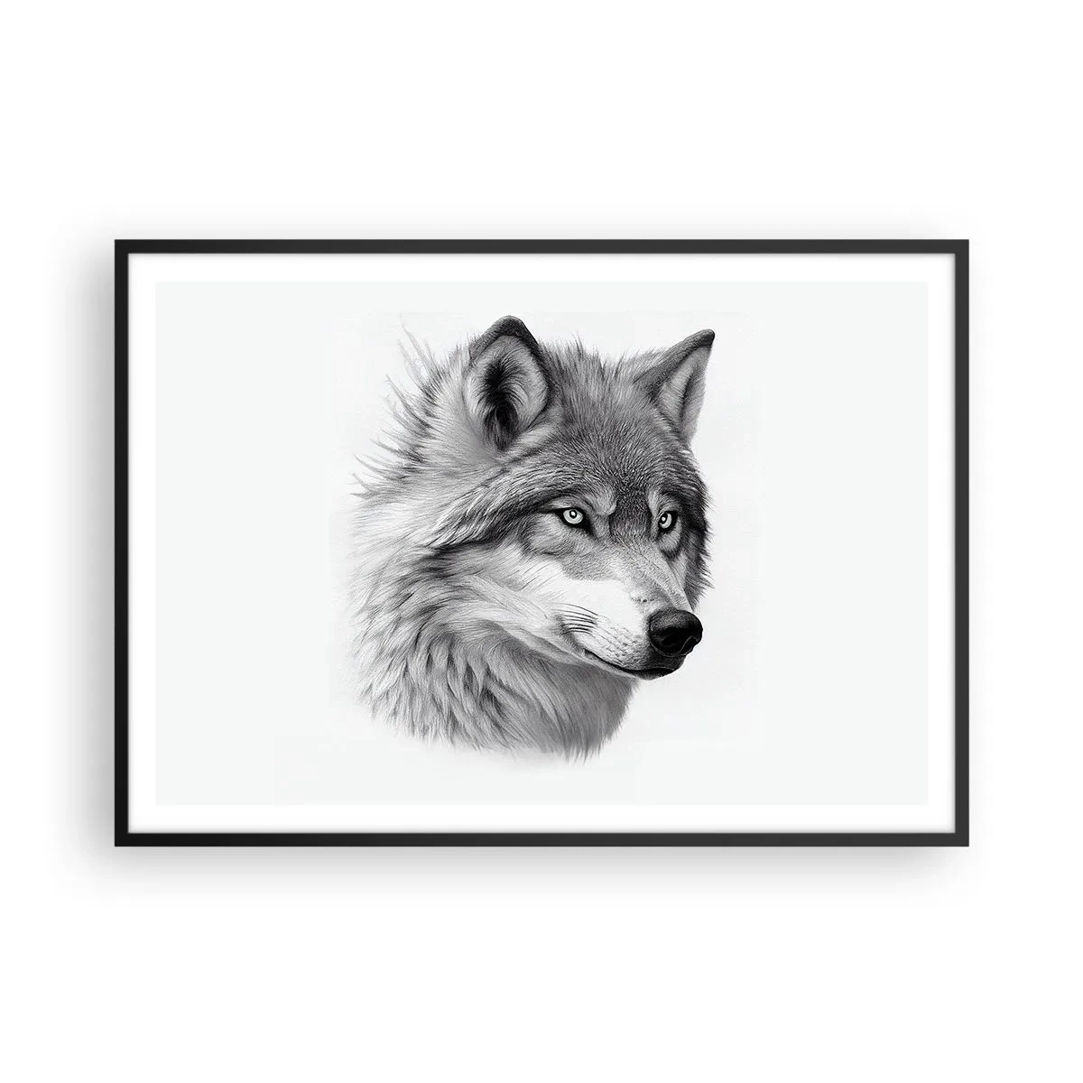 Poster in einem schwarzem Rahmen - Ein realistisches Porträt eines Wolfes in Grautönen. - 100x70cm - Alpha – ohne Zweifel - Moderne Wanddekoration für Wohnzimmer und Schlafzimmer ARTTOR