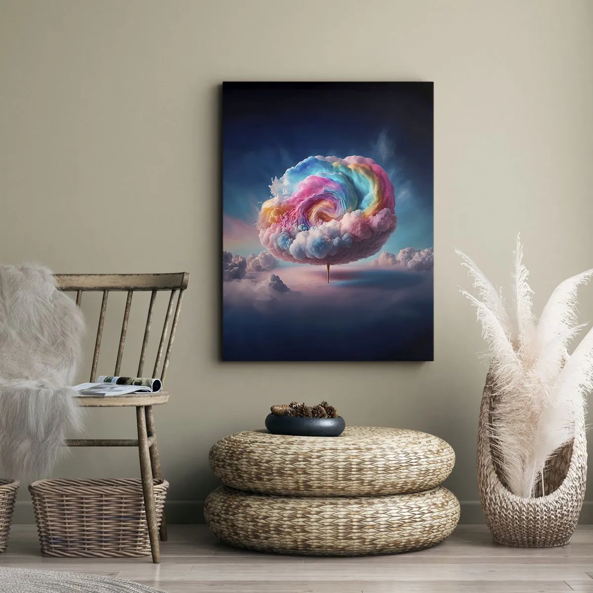 Bild auf Leinwand - Leinwandbild - Eine spiralförmige Wolke mit Pastellfarben am Himmel - 80x120cm - Traum von einem Vergnügungspark - Moderne Wanddekoration für Wohnzimmer und Schlafzimmer ARTTOR