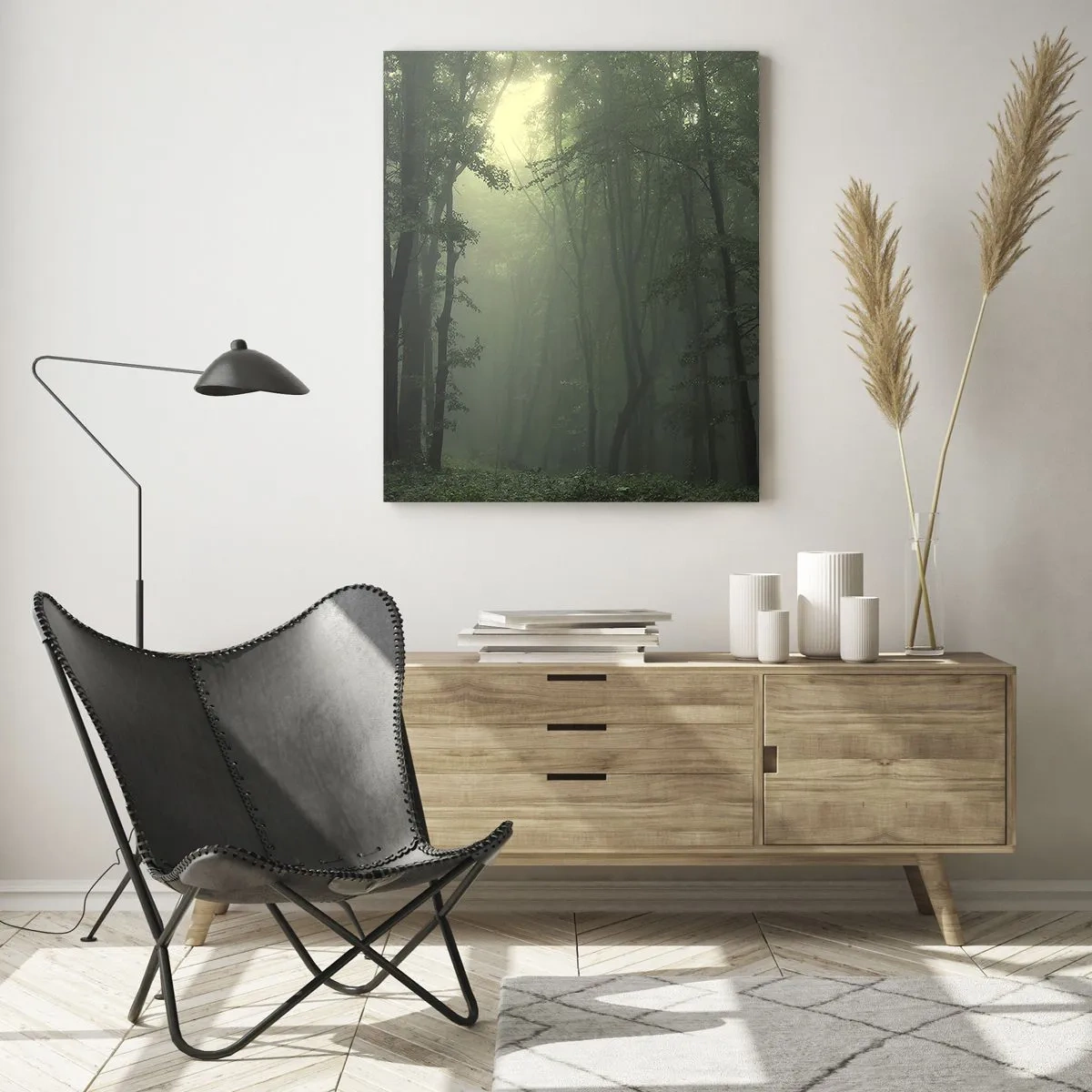 Glasbild - Bild auf glas - Ein dunkler Wald, in Nebel gehüllt, mit Lichtstrahlen - 50x70cm - Bevor er aufwacht - Moderne Wanddekoration für Wohnzimmer und Schlafzimmer ARTTOR