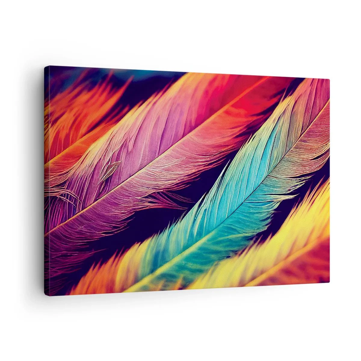 Bild auf Leinwand - Leinwandbild - Bunte Federn in intensiven Farben - 70x50cm - Gefiederter Regenbogen - Moderne Wanddekoration für Wohnzimmer und Schlafzimmer ARTTOR