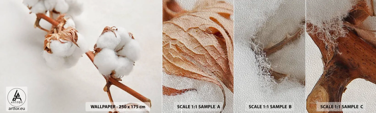 Fototapeten Muster Premium Sand - Nur umarmen - Baumwollblume, Blume, Baumwollzweig - 100x30 cm