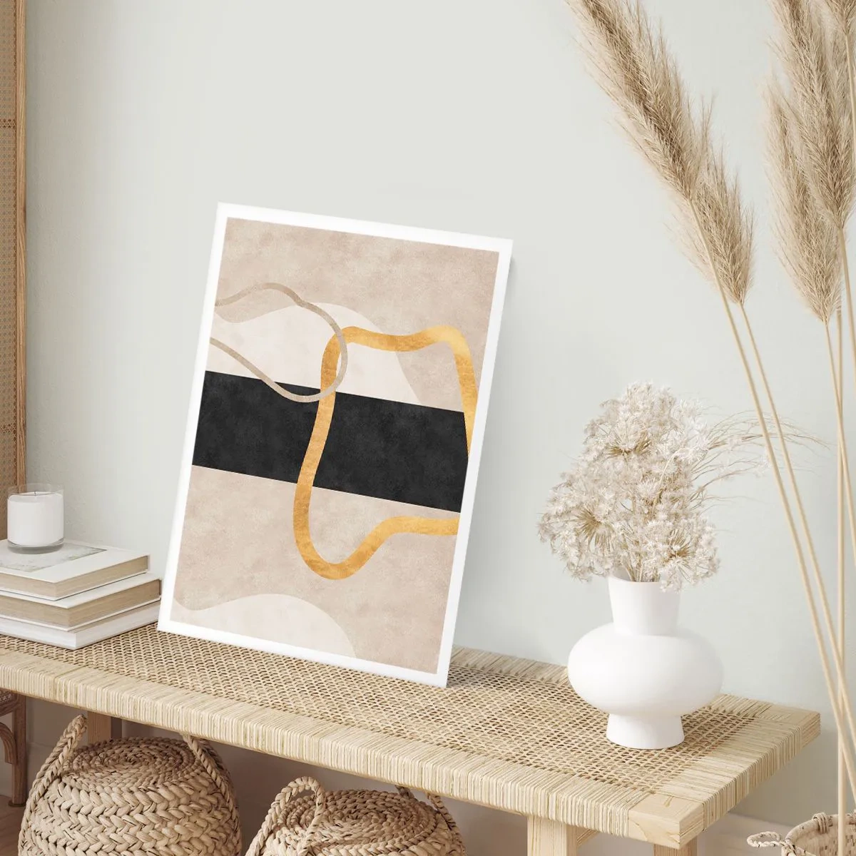 Poster - Abstrakte Komposition mit Schwarz, Gold und neutralem Hintergrund - 50x70cm - Schleifenformen - Moderne Wanddekoration für Wohnzimmer und Schlafzimmer ARTTOR