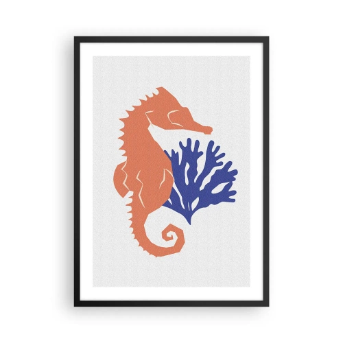 Poster in einem schwarzem Rahmen - Minimalistische Seepferdchen- und Korallengrafik - 50x70cm - Auf einer Unterwasserwiese - Moderne Wanddekoration für Wohnzimmer und Schlafzimmer ARTTOR