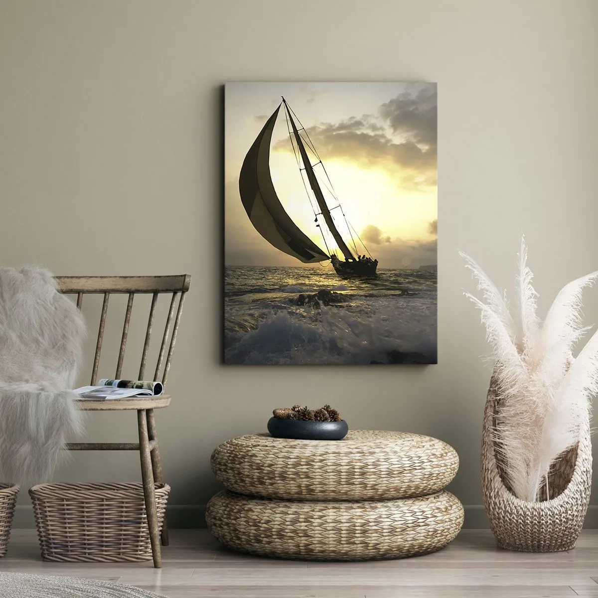 Bild auf Leinwand - Leinwandbild - Segelboote auf See bei Sonnenuntergang - 70x100cm - Mit dem Wind und gegen den Wind - Moderne Wanddekoration für Wohnzimmer und Schlafzimmer ARTTOR