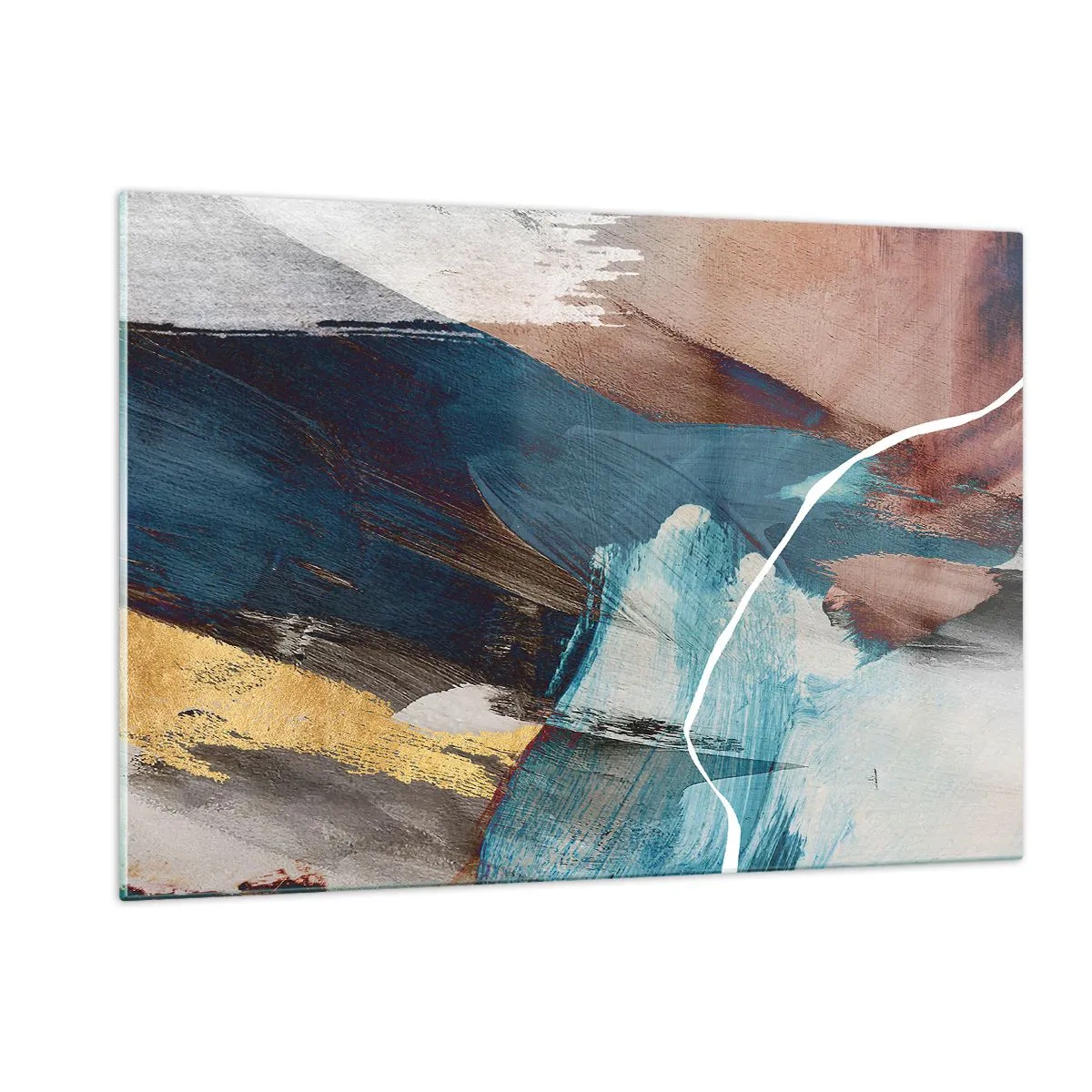 Glasbild - Bild auf glas - Eine abstrakte Komposition in Türkis, Gold und Braun. - 120x80cm - Großzügig und mit Energie - Moderne Wanddekoration für Wohnzimmer und Schlafzimmer ARTTOR