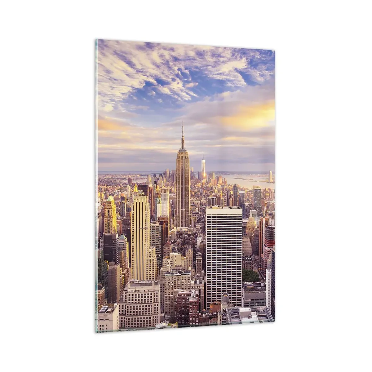 Glasbild - Bild auf glas - Panorama einer modernen Stadt mit Wolkenkratzern bei Sonnenuntergang - 80x120cm - Nur nach den Wolken greifen - Moderne Wanddekoration für Wohnzimmer und Schlafzimmer ARTTOR