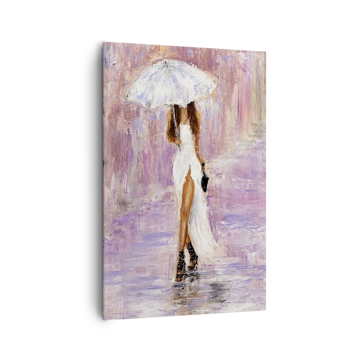 Bild auf Leinwand - Leinwandbild - Eine Frau mit einem Regenschirm, die im Regen in Fliedertönen läuft - 80x120cm - Im lila Regen - Moderne Wanddekoration für Wohnzimmer und Schlafzimmer ARTTOR
