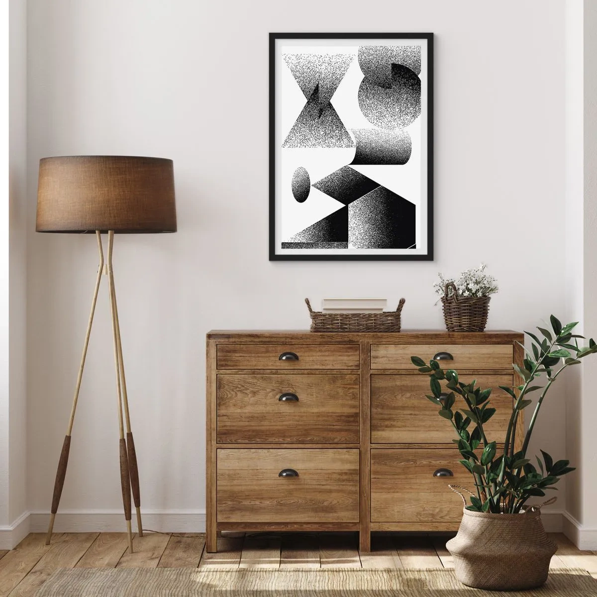 Poster in einem schwarzem Rahmen - Abstrakte Komposition geometrischer Formen in Schwarz und Weiß - 50x70cm - Winkel und Ovale - Moderne Wanddekoration für Wohnzimmer und Schlafzimmer ARTTOR