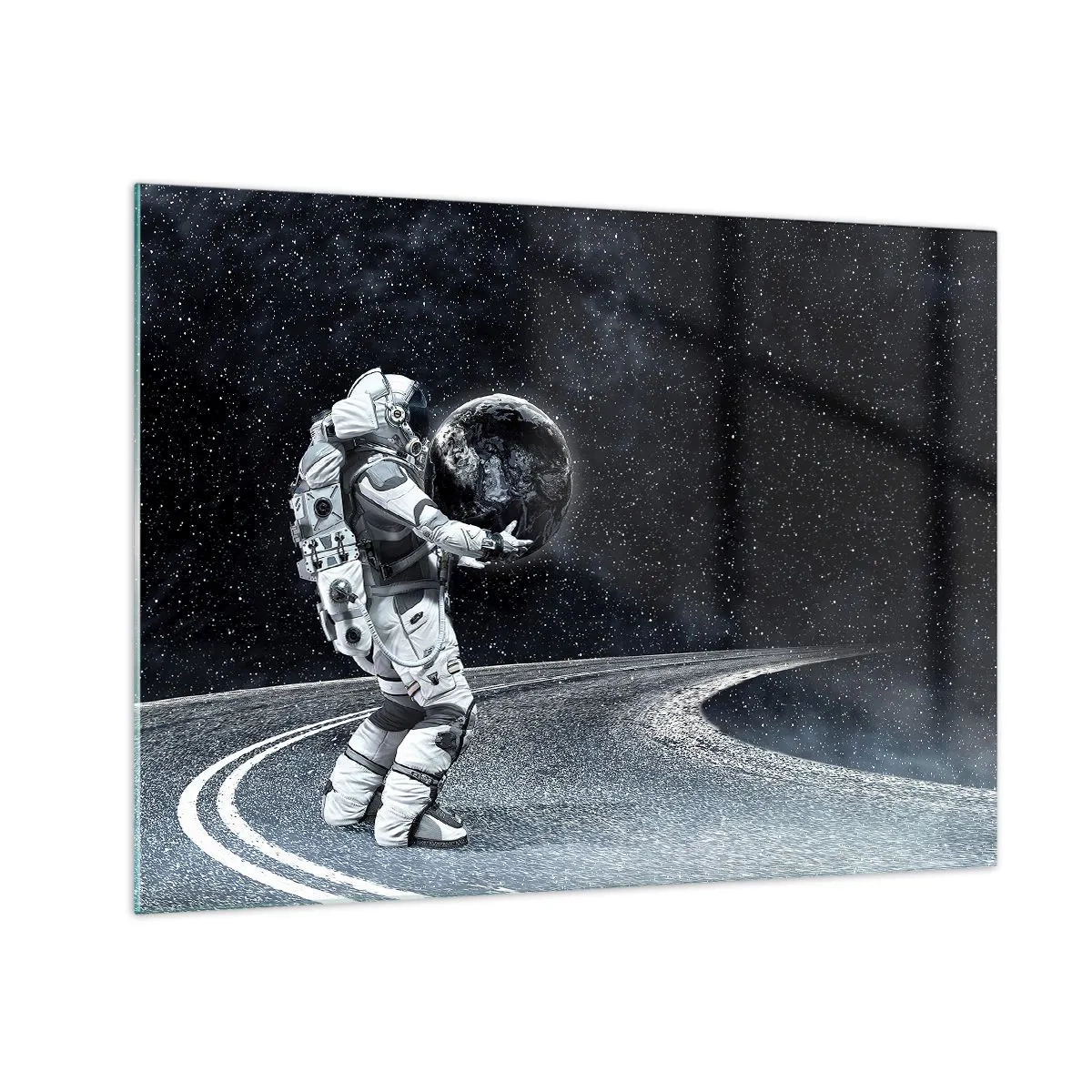 Glasbild - Bild auf glas - Ein Astronaut trägt die Erde auf ihrem Weg durch das Universum - 70x50cm - Auf der Milchstraße - Moderne Wanddekoration für Wohnzimmer und Schlafzimmer ARTTOR