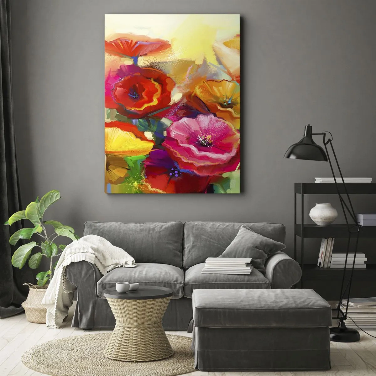 Bild auf Leinwand - Leinwandbild - Bunte abstrakte Blumen auf hellem Hintergrund - 80x120cm - Nicht nur rot - Moderne Wanddekoration für Wohnzimmer und Schlafzimmer ARTTOR