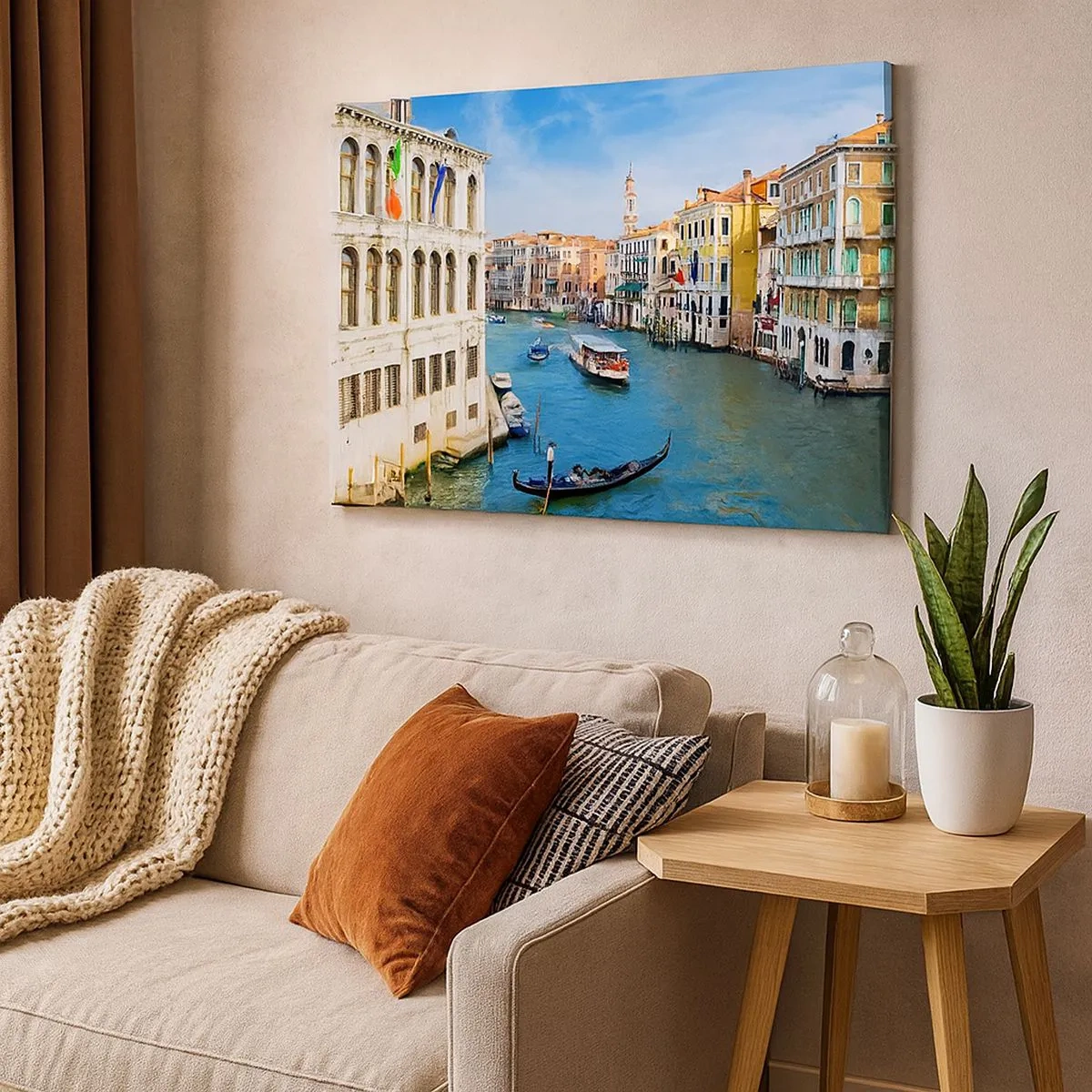 Bild auf Leinwand - Leinwandbild - Ein venezianischer Kanal mit einer Gondel und farbenfrohen Gebäuden - 70x50cm - Der einzigartige Verkehr der Welt - Moderne Wanddekoration für Wohnzimmer und Schlafzimmer ARTTOR