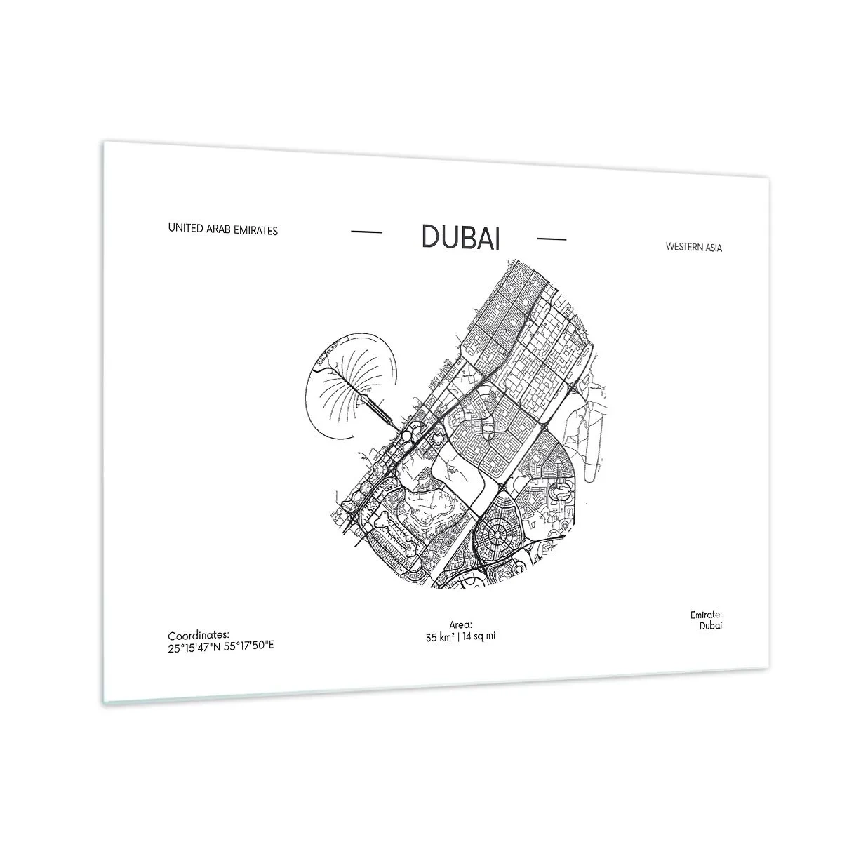 Glasbild - Bild auf glas - Eine minimalistische Karte von Dubai im Schwarz-Weiß-Stil. - 70x50cm - Anatomie von Dubai - Moderne Wanddekoration für Wohnzimmer und Schlafzimmer ARTTOR