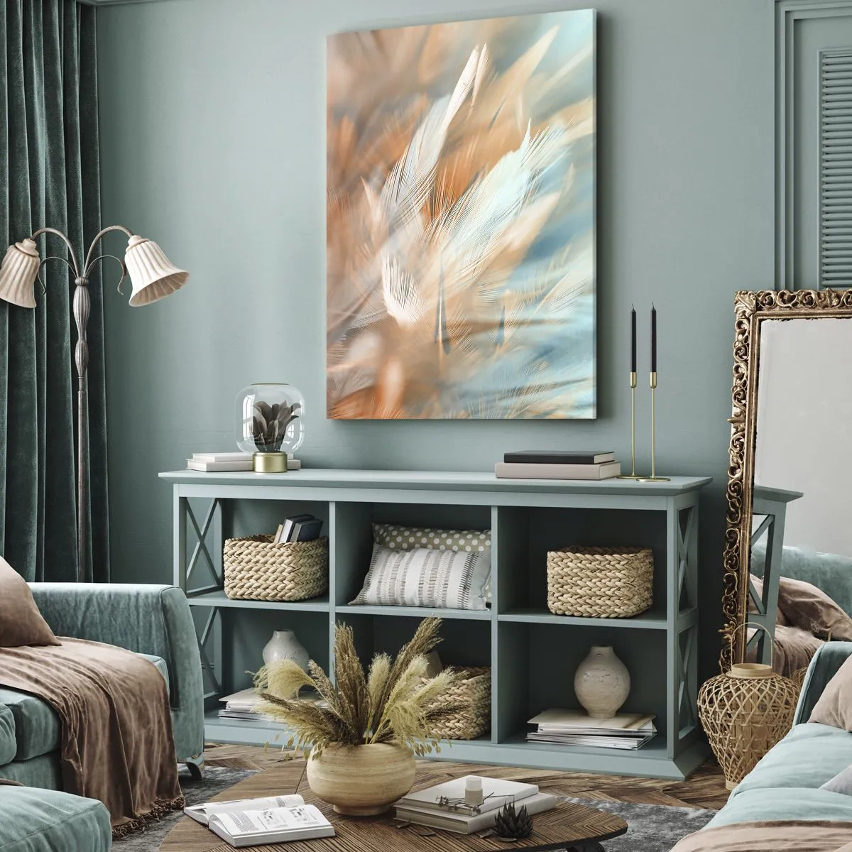 Bild auf Leinwand - Leinwandbild - Zarte Federn in Pastelltönen von Blau und Orange - 80x120cm - Im Land der Sanftmut - Moderne Wanddekoration für Wohnzimmer und Schlafzimmer ARTTOR