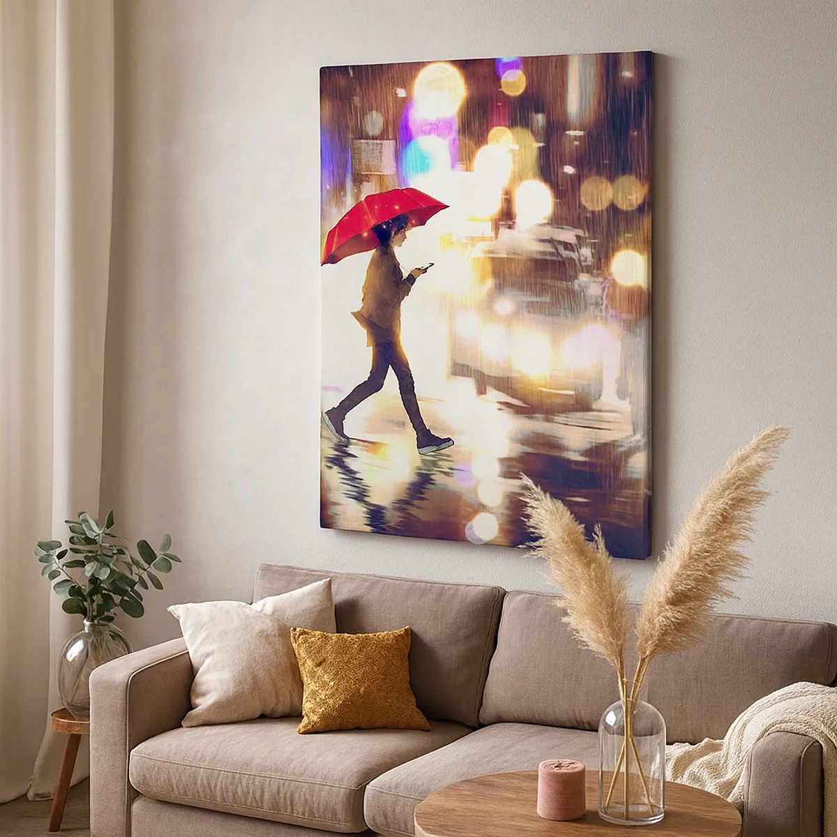 Bild auf Leinwand - Leinwandbild - Eine Figur mit einem roten Regenschirm auf der Straße im Regen - 50x70cm - Und doch sonnig - Moderne Wanddekoration für Wohnzimmer und Schlafzimmer ARTTOR